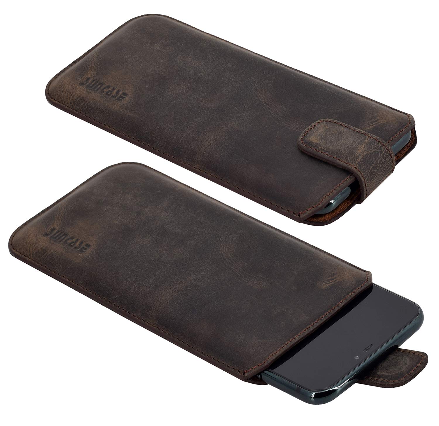 Suncase Custodia In Vera Pelle Per Xiaomi Redmi Note 8 Pro, Marrone Scuro Antico, Con Linguetta Di Estrazione E Chiusura Magnetica, Fodera In Velluto