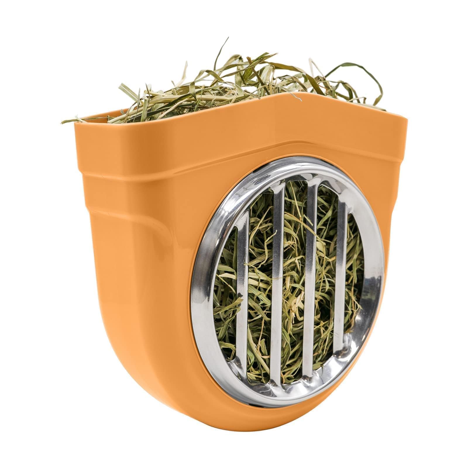 Small Animal Hay Feeder, Chew-Proof ABS Body, 304 Stainless Steel Grid Timothy Alfalfa Rack for Rabbit Bunny Guinea Pig Chinchilla Cage Hutch Crate (68oz, Orange)
