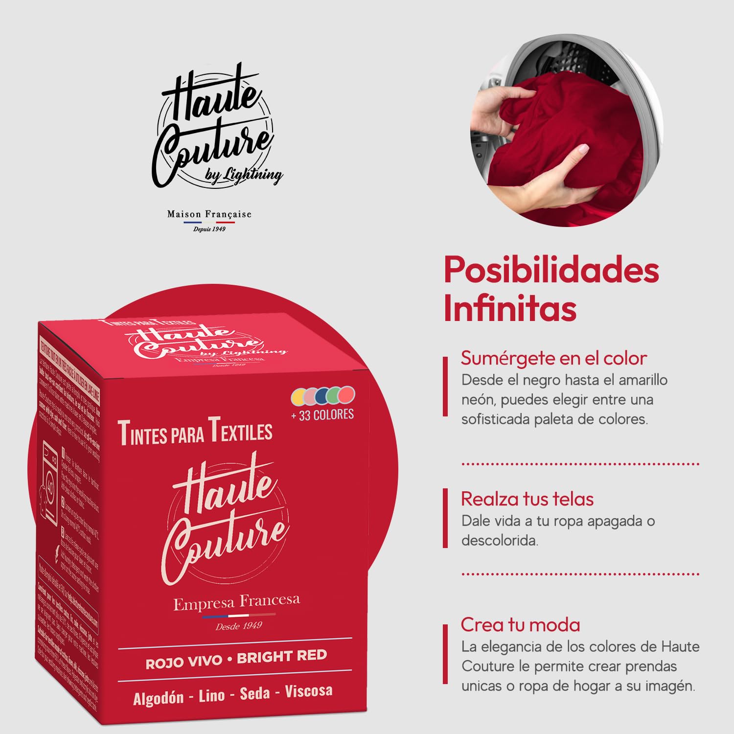 Haute Couture - Tinte para Ropa y Textil Rojo Vivo - 350g - Tinte Textil Todo en uno - Listo Para Teñir Ropa y Tejidos