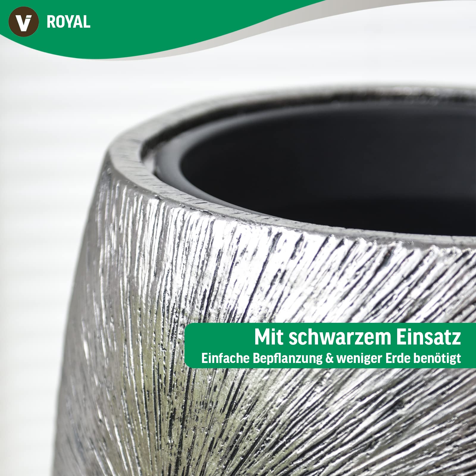 VIVANNO Pflanzkübel Pflanzgefäß exklusiv Fiberglas Royal, Silber Schwarz 73 x 33 cm