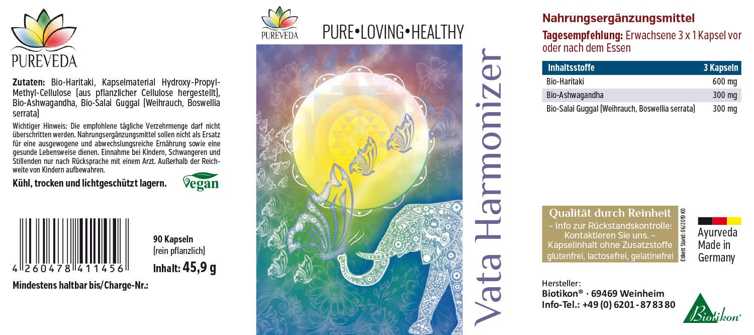 Pureveda Vata Harmonizer - nur natürliche Inhaltsstoffe | Haritaki | Ashwagandha | Salai Guggal [Weihrauch, Boswellia serrata] ohne Zusatzstoffe - von BIOTIKON®