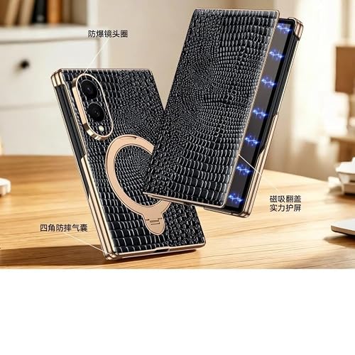 Generic etui kompatybilne z Samsung Galaxy Z Fold 7 (kolor: czarny) prawdziwa skóra metalowy stojak uchwyt etui premium wzór pokrowiec