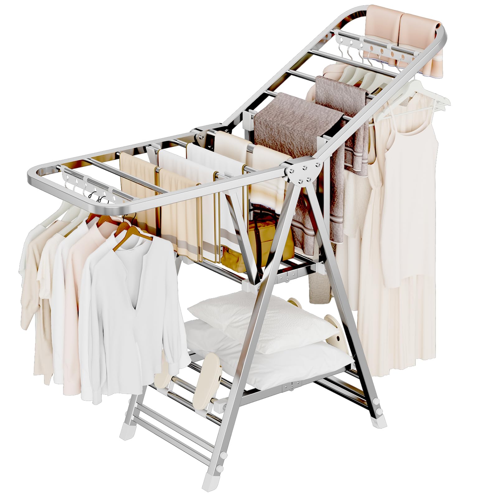 MIKEE Clothes Drying Rack,Stainless Steel Foldable Laundry Drying Rack with Height Adjustable Wings,Clothes Rack with Shoe Rack,Windproof Hanging Holes and Wheels-132 lb,Indoor Outdoor Use