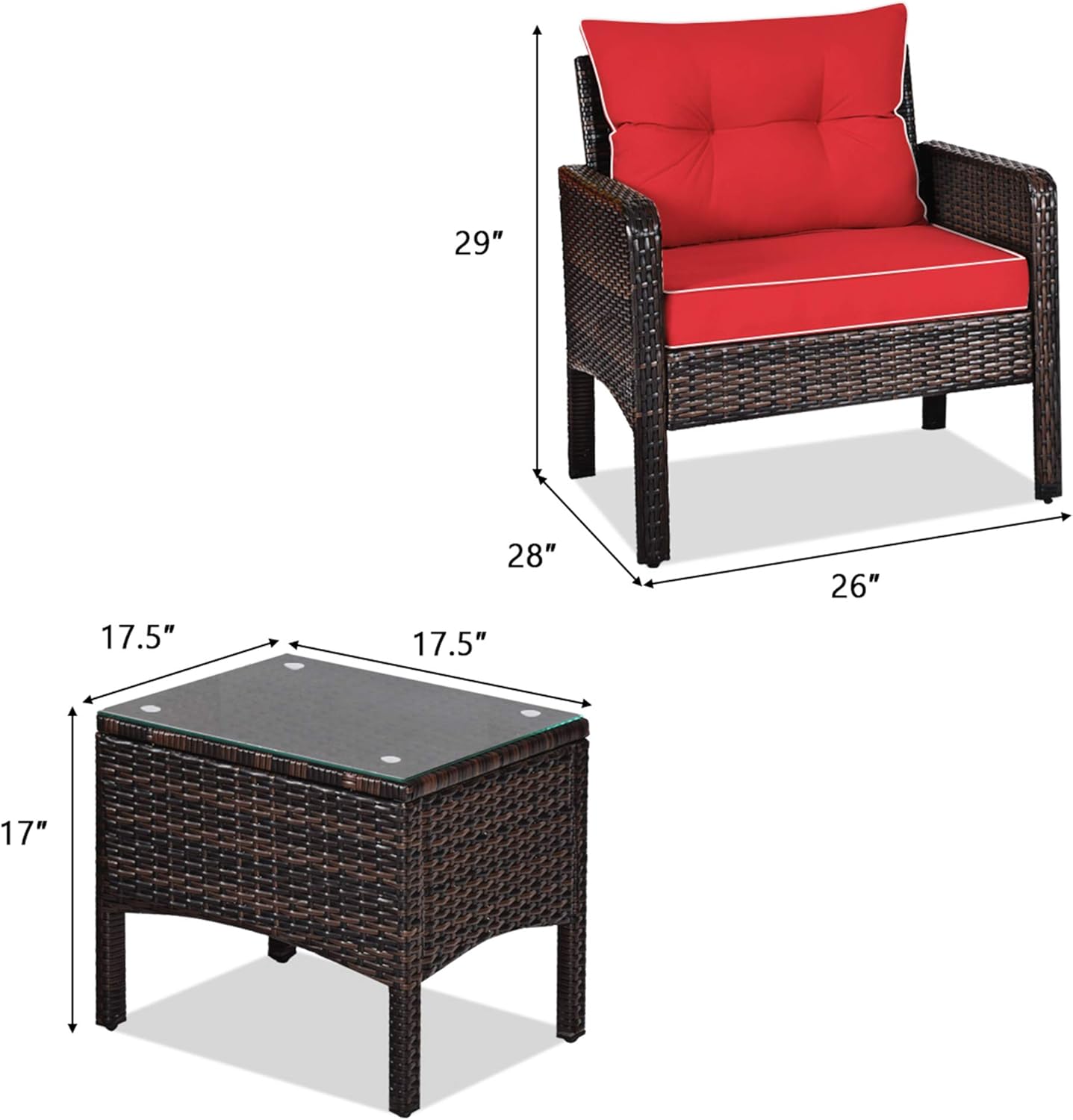 DORTALA Small Patio Furniture Set 3 Piece, Wicker Outdoor Table and Chairs Set with Cushions, All Weather Rattan Conversation Bistro Set for Balcony, Porch, Backyard, Deck, Red