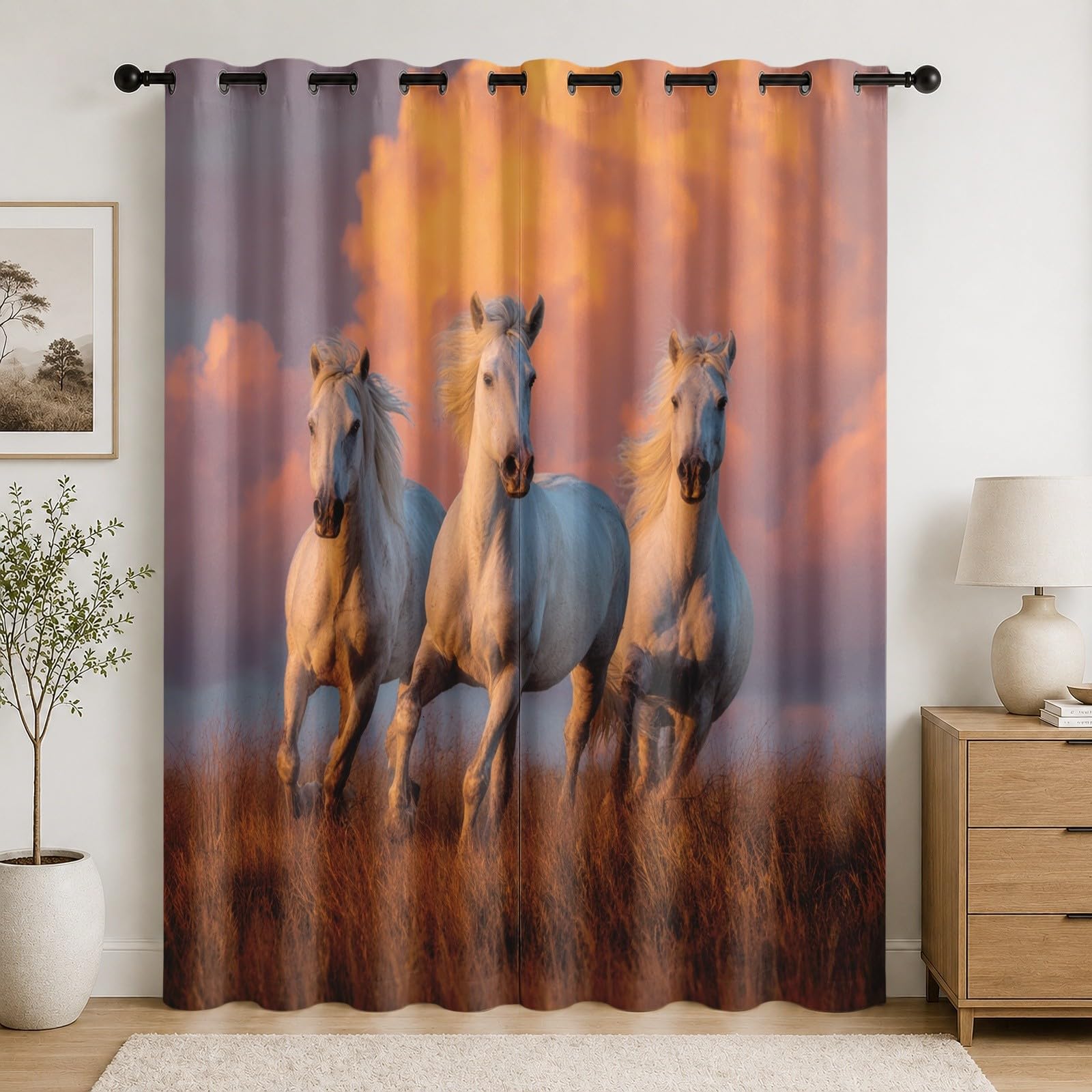 Rideaux occultants orange prairie chevaux 91.5x214cm pour chambre enfant