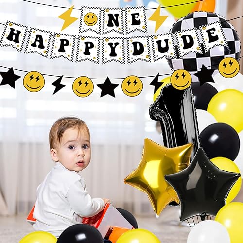 Miniatura 6 de Whaline 48 globos a cuadros con globos de número uno, guirnalda de globos de número uno, decoración de pasteles para cara sonriente, suministros de