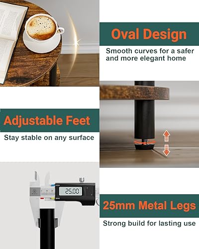 Miniatura 3 de Mesa auxiliar redonda pequeña, mesa decorativa ovalada de 3 niveles para espacios pequeños, mesa auxiliar de sofá de madera rústica y metal, mesita