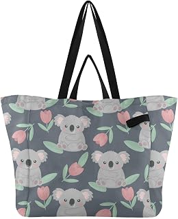 MCHIVER Cute Animals Koala Gray Print Reusable Grocery Bags 32L Large Cute Shopping Cloth Bags with Long and Short Handles for Shopping Groceries Clothes
