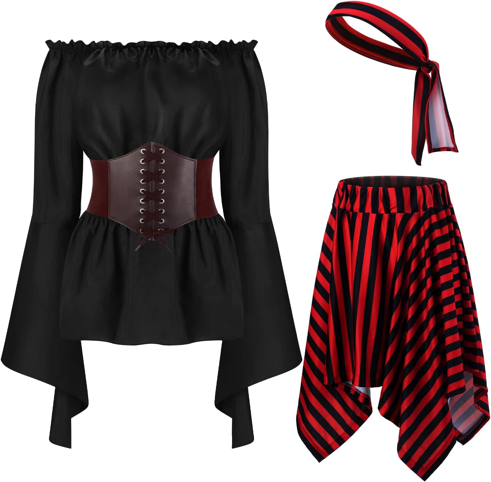 Shihanee4 Pcs Womens Pirate Costume Cosplay Renaissance Blouse Tops Corset Waist Belt Pirate Skirt Stripes Headscarf