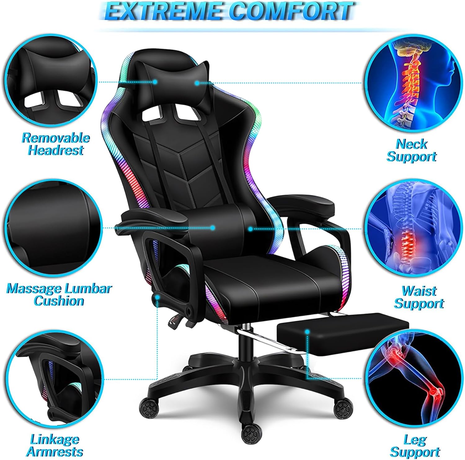 RGB Gaming Chair with Speakers and LED Light, Ergonomic 7 Points Massage Video Game Chair, High Back Recliner Chair, PU Leather Computer Chair with Headrest & Lumbar Support,White