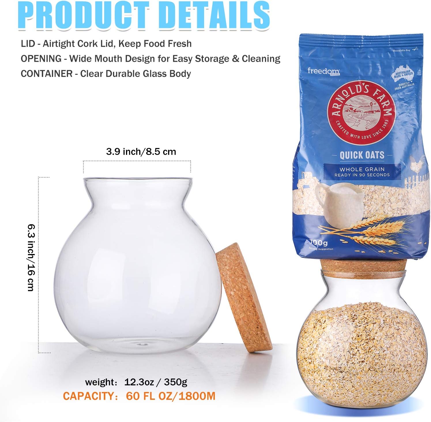 ONEISALL Glass Jar Storage Containers, 60 oz Easter Candy Jar Kitchen Canisters, Airtight Cookie Jar with Cork Lid, Perfect for Candy, Canning, Cereal, Sugar, Beans, Spice, Coffee