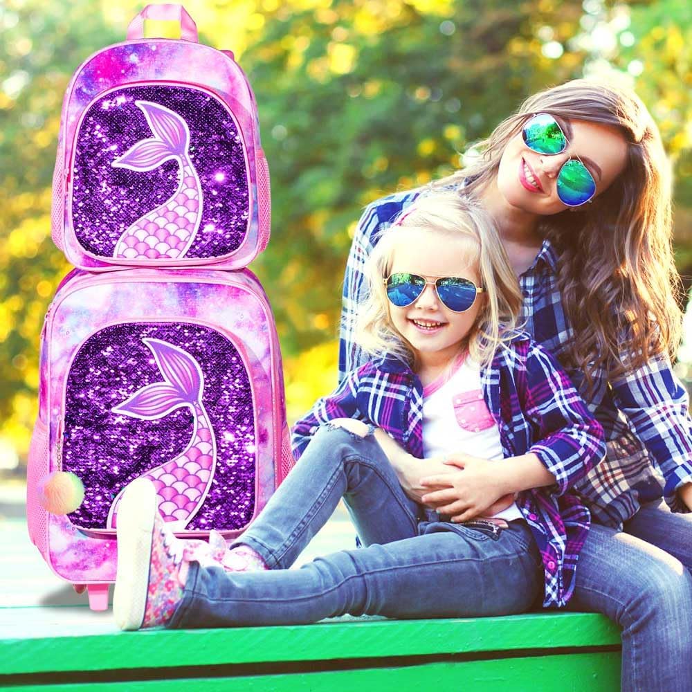 AGSDON 2PCS Kids Luggage, Suitcases for Girls, Carry on Rolling Luggage with Wheels, 18" Toddler Suitcase Set 12" with Sequin Backpack - Pink Mermaid