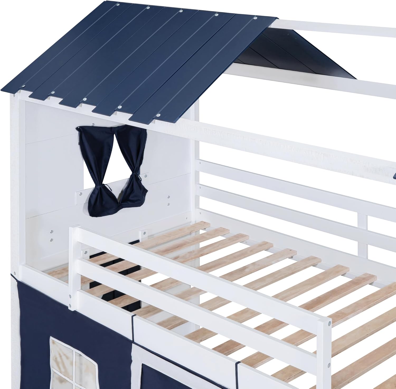 Merax Twin Over Twin Bunk Bed Wood Twin Size Bunk Bed with Roof, House Bed Loft Kleid with Windows, Sills and Tent, Blue White