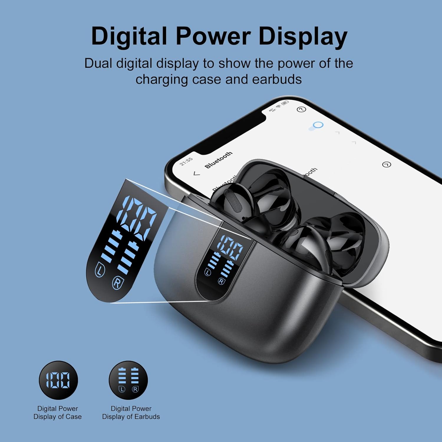 Digital Power Display of Earbuds and Case
