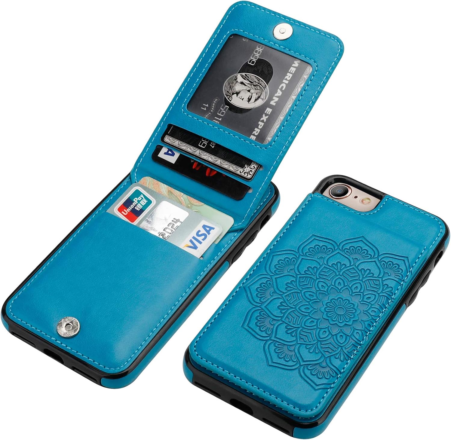 Vaburs iPhone SE(2022)/SE(2020)/8/7 with Wallet Card Holder, Embossed Mandala Pattern Flower PU Leather 4 Card Slots Kickstand Shockproof Protective Flip Cover for iPhone SE3/SE2/8/7 4.7 Inch(Blue)