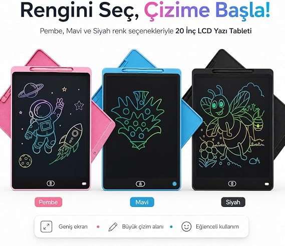 Çocuk İçin Silinebilir Yazı Tahtası Dijital Çizim Kalemli 20 İnç Tek Tuşla Silme, Çevre Dostu Not Defteri, Grafik ve Çocuk Eğitim Tableti (Pembe)