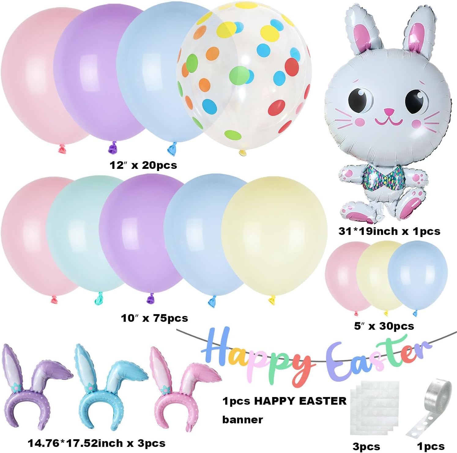 Easter Balloon Arch Garland Kit, 12" 10" 5" Pastel Balloons with Bunny Rabbit Foil Balloon for Easter Party Decorations Spring Indoor Outdoor Party Supplies