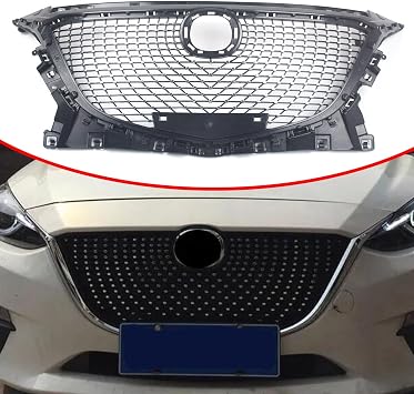 Diamond Style Front Grill Middle Front Bumper Upper Hood Mesh Grille Compatible with Mazda 3 Axela 4 Door Sedan 2014 2015 2016