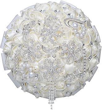 Handmade Rhinestone Brooch Satin Bridal Bouquet,Crystal Wedding Round Tossing Bouquet Mini,Artificial Flower Bunch with Diamond Pearl Ribbon 5.9"85#Ivory