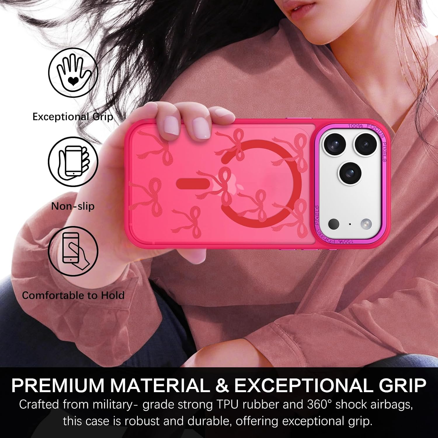 BENTOBEN Magnetic for iPhone 17 Pro Max Case with Cute Ribbon Bows Pattern, [Compatible with MagSafe] Translucent Matte Anti-Slip Slim Women Girl Protective Cover for iPhone 17 Pro Max 6.9", Hot Pink image 5