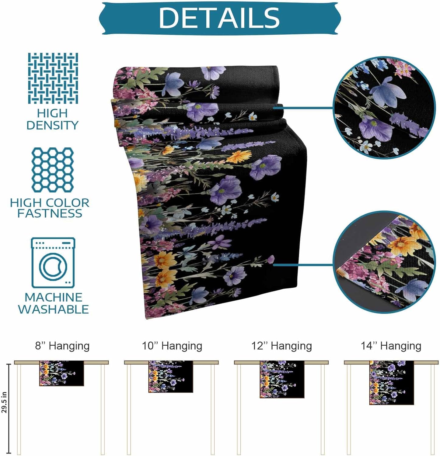 Table Runner Dresser Scarves Purple Watercolor Wildflower Flower Black Background Design Kitchen Art Dining 18"W 72 in Long Table Runners Washable Non-Slip Rectangle Table Setting Party Holiday Decor