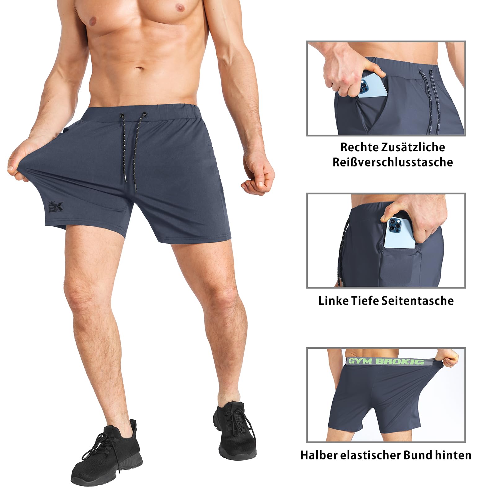 BROKIG Laufhose Herren Kurz Trainingsshorts Running Shorts | Herren Sport Shorts Schnell Trocknend Kurze Hose, Fitness Sporthose Herren Kurz, Gym Workout Shorts