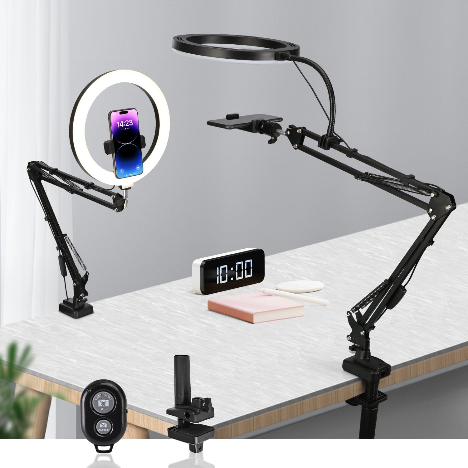 Overhead Camera Mount with 10" Selfie Ring Light,Adjustable Phone Arm Stand, Desk Tripod Holder Content Creator Lighting Kit with Remote for iPhone Filming,Video Recording,Tiktok,YouTube with ring light