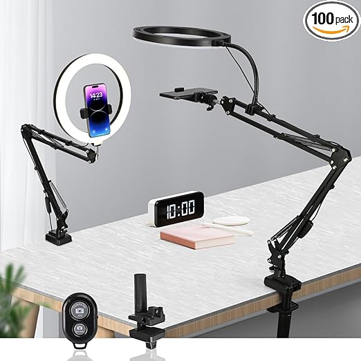 Overhead Camera Mount with 10" Selfie Ring Light,Adjustable Phone Arm Stand, Desk Tripod Holder Content Creator Lighting Kit with Remote for iPhone Filming,Video Recording,Tiktok,YouTube