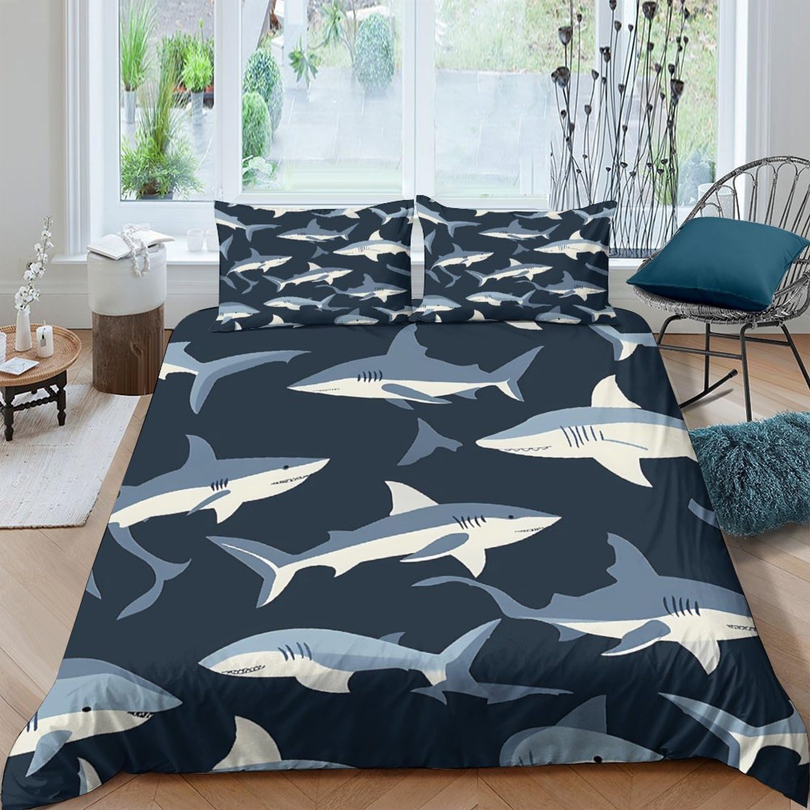 GPLZQXKJNH 3D Printed Shark Ocean Duvet Cover Microfiber Soft Breathable Marine Bedding Set with 2 Pillowcases for Bedroom Decor Single（135x200cm）