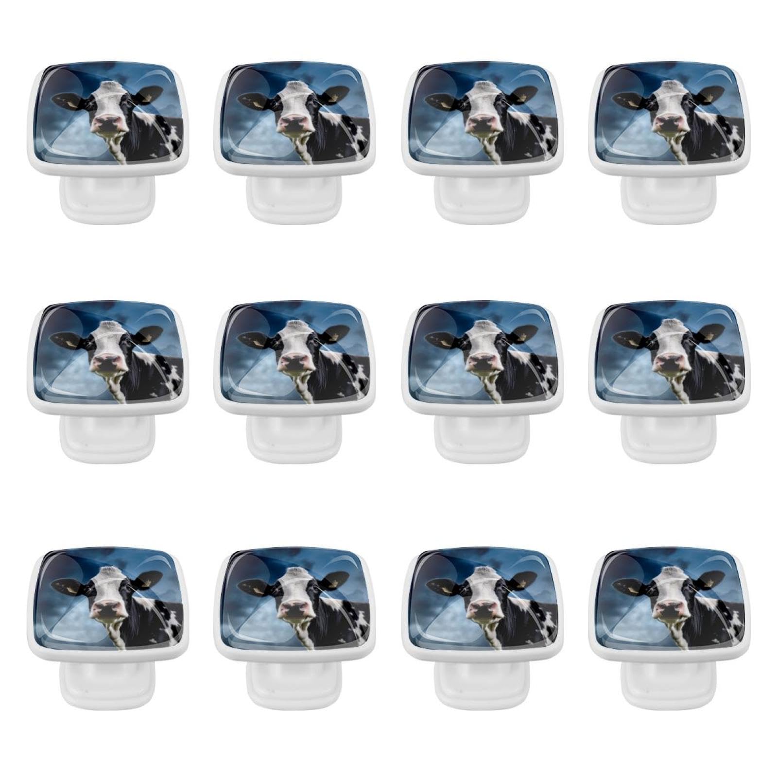 Maniglie quadrate per cassetti e cassetti, maniglie per armadi e cassetti, 12 pezzi, animali da allevamento di bovini e mucche, nero e bianco, pomelli per porte dell'armadio