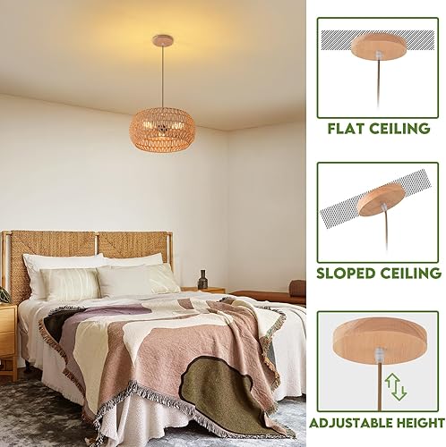 Miniatura 6 de Lámpara de ratán para comedor, lámpara colgante estilo bohemio, lámpara colgante para montaje en techo, pantalla tejida a mano, lámpara de 3 luces,