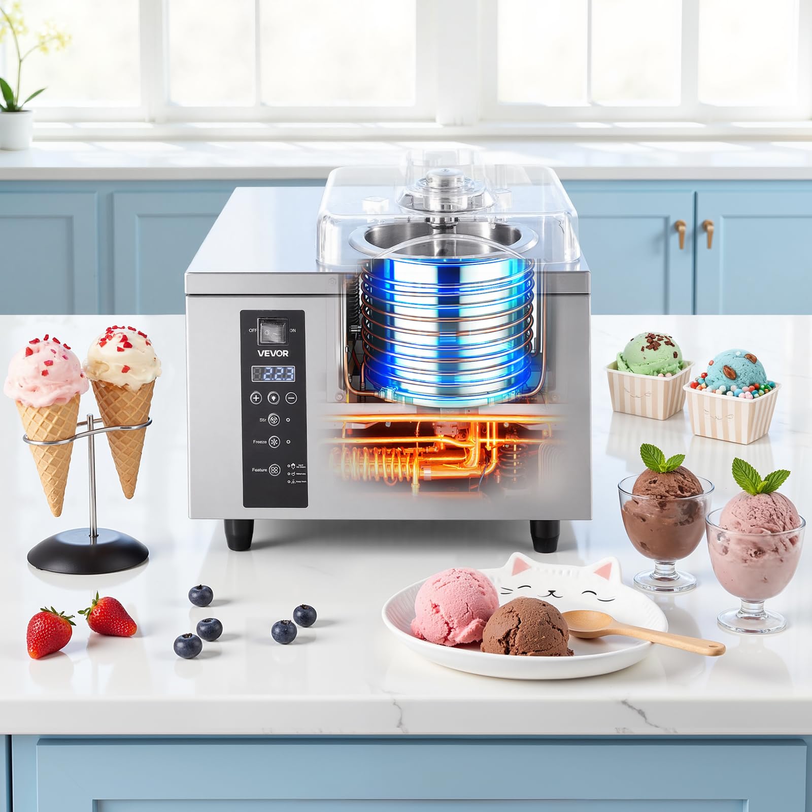 VEVOR Gewerbliche Eismaschine für Gelato 500 W, 5 L/h, Eiscrememaschine mit 2,8 L Edelstahlzylinder (304) & Selbstreinigendem LED-Bedienfeld & Hoher Produktivität für Snackbars Restaurants