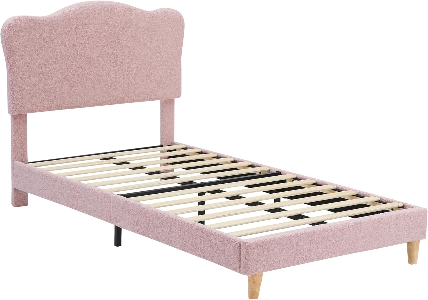 Twin Bed Frame with Round Boucle Headboard, Toddler Bed, Upholstered Arch-Shaped Design in Soft Pink, Modern Kids Wooden Bed Frame, No Box Spring Required & Easy Assembly，Pink Ivory