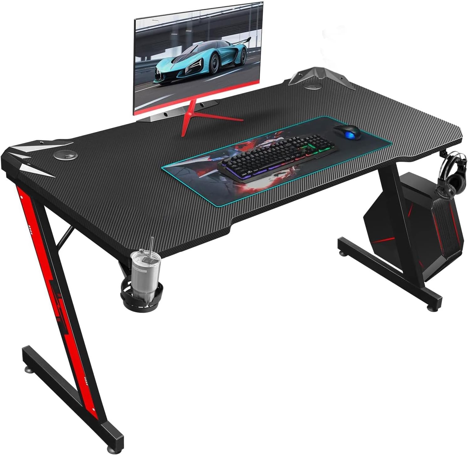 WWI Gaming Desk Computer Desk 110cm Z Shaped Office Desk Study Desk with Carbon Fiber Surface Video Game Table with Cup Holder and Headphone Hook