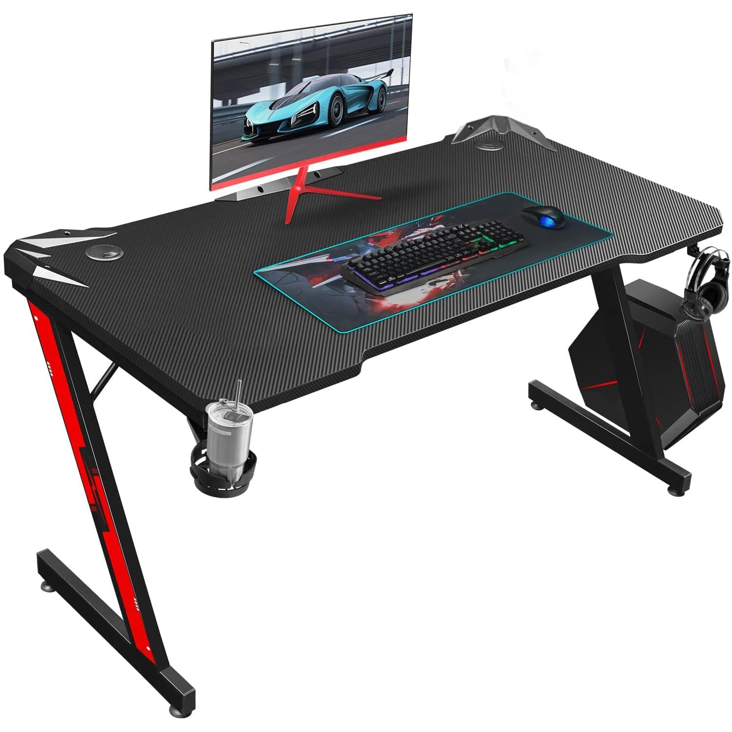 WWI Gaming Desk Computer Desk 110cm Z Shaped Office Desk Study Desk with Carbon Fiber Surface Video Game Table with Cup Holder and Headphone Hook