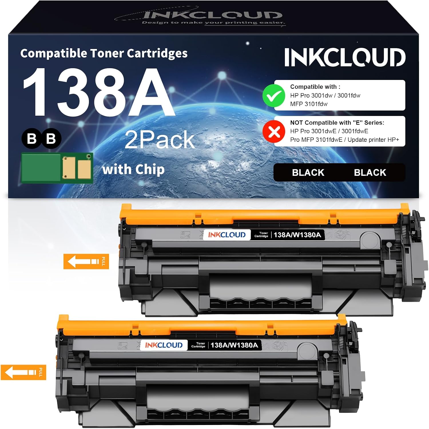138X Black Toner Cartridges Replacement for HP 138X 138A W1380X W1380A Work with HP LaserJet Pro 3001dw MFP 3101fdw 3001fdw Printer - 2Pack High Yield with Chip 138A 138X Toner