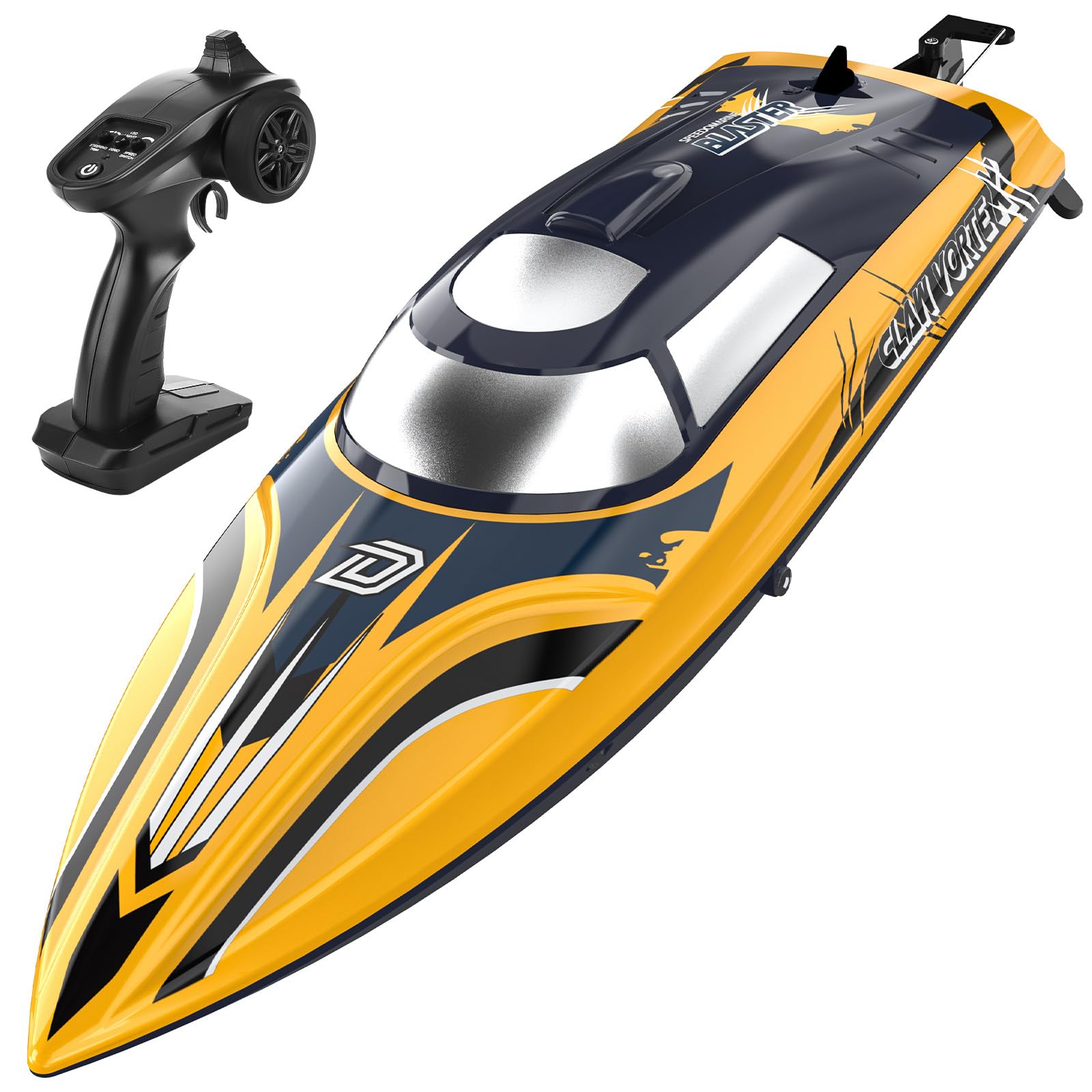 DEERC Barca RC veloce da 14" con LED, 30+ minuti di guida, 20+ MPH, barca a velocità telecomandata autoallineante per piscina e mare, vernice a strisce, regalo estivo per bambini e adulti.