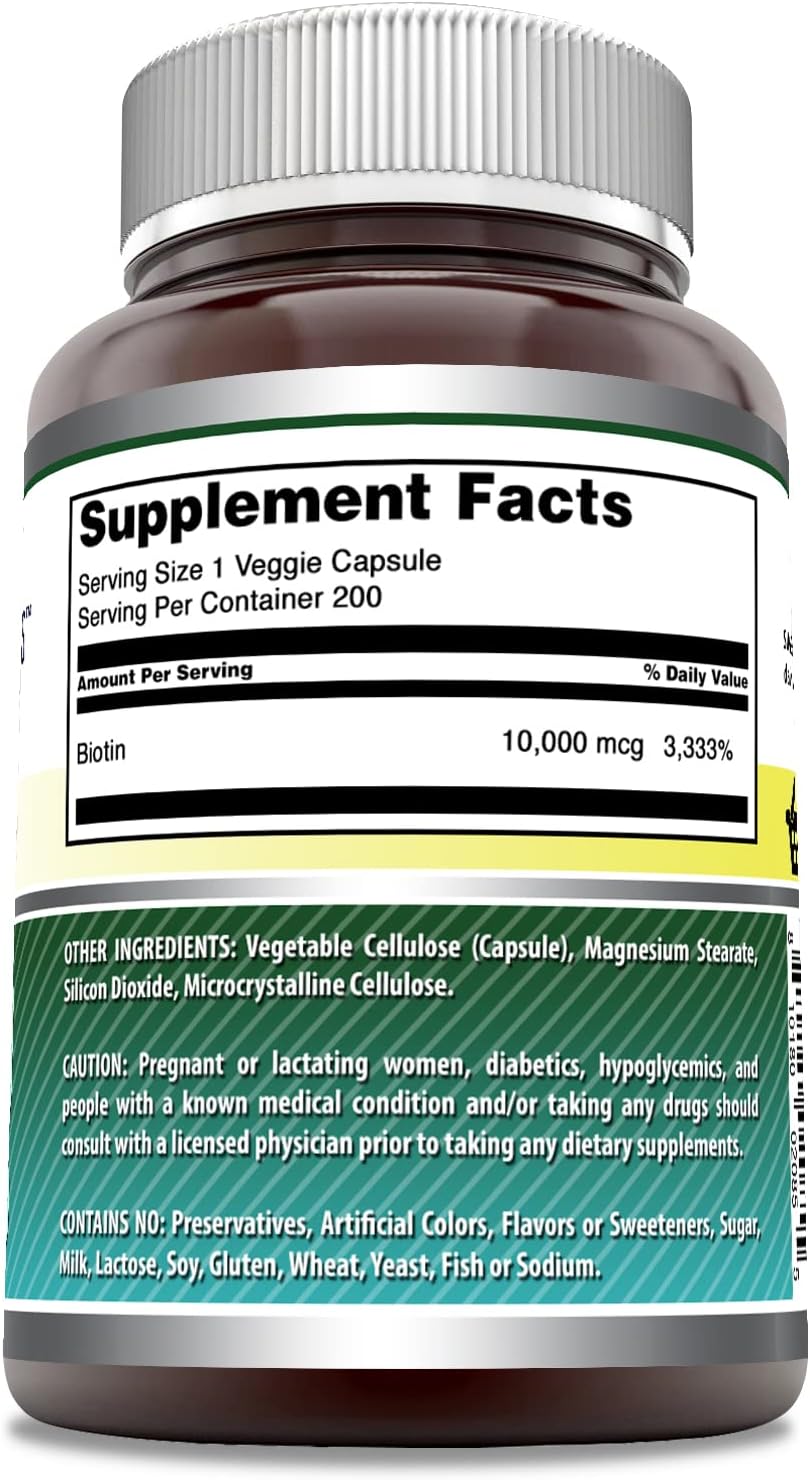 Amazing Formulas Biotin 10000mcg 200 Veggie Capsules Supplement | Non GMO | Gluten Free | Made in USA | Suitable for Vegetarians