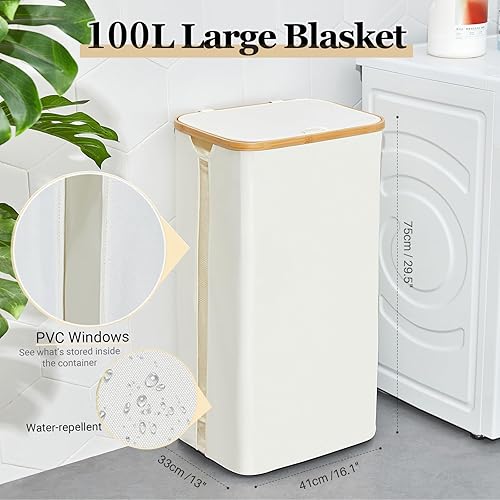 Miniatura 10 de Cesta de lavandería con tapa, cesta grande de lavandería de 100 litros, cesta de ropa con ventana transparente visible, bolsas de lavandería