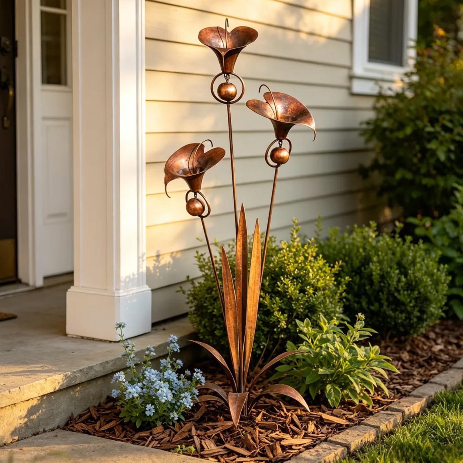 Jycwtt 1 Flamed Copper Three Calla Lilies Garden Stake With Bells - 33" Metal Lily Of The Valley Sculpture, Handmade Outdoor Flower Yard Art Decor For Lawn Patio, Rustic Wind Chime Garden Ornament Gift