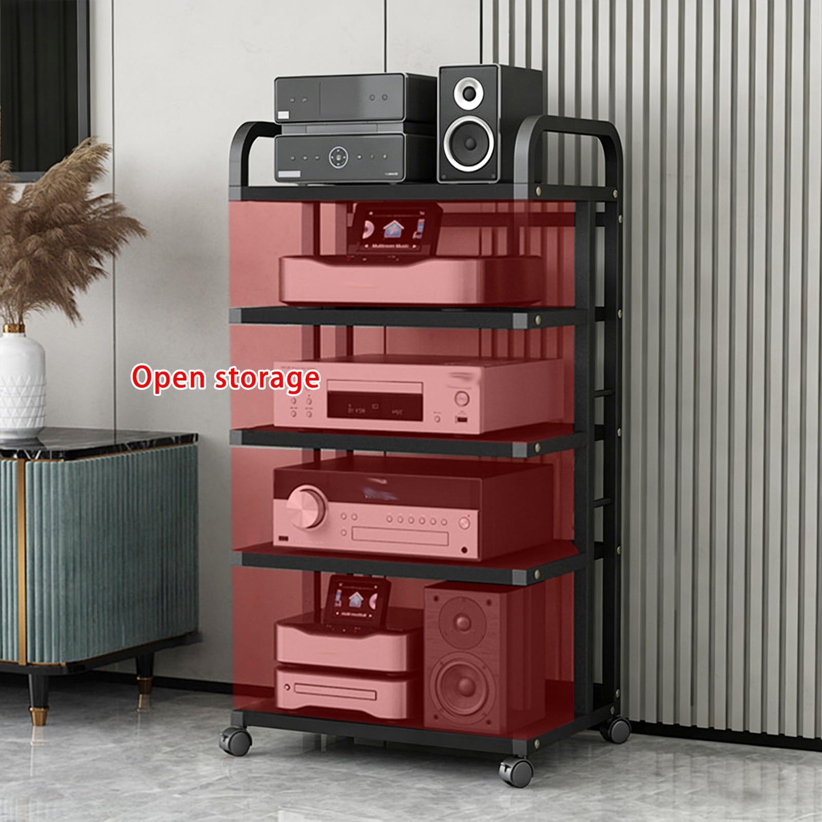 Nowoczesny Stojak Stereo z Kółkami Konstrukcja Stojaka na Media Audio Wideo na Media AV Wieża na Gramofon Drewniana Szafka Stereo Wieża(Brown,3 tier 65cm/25.5in)