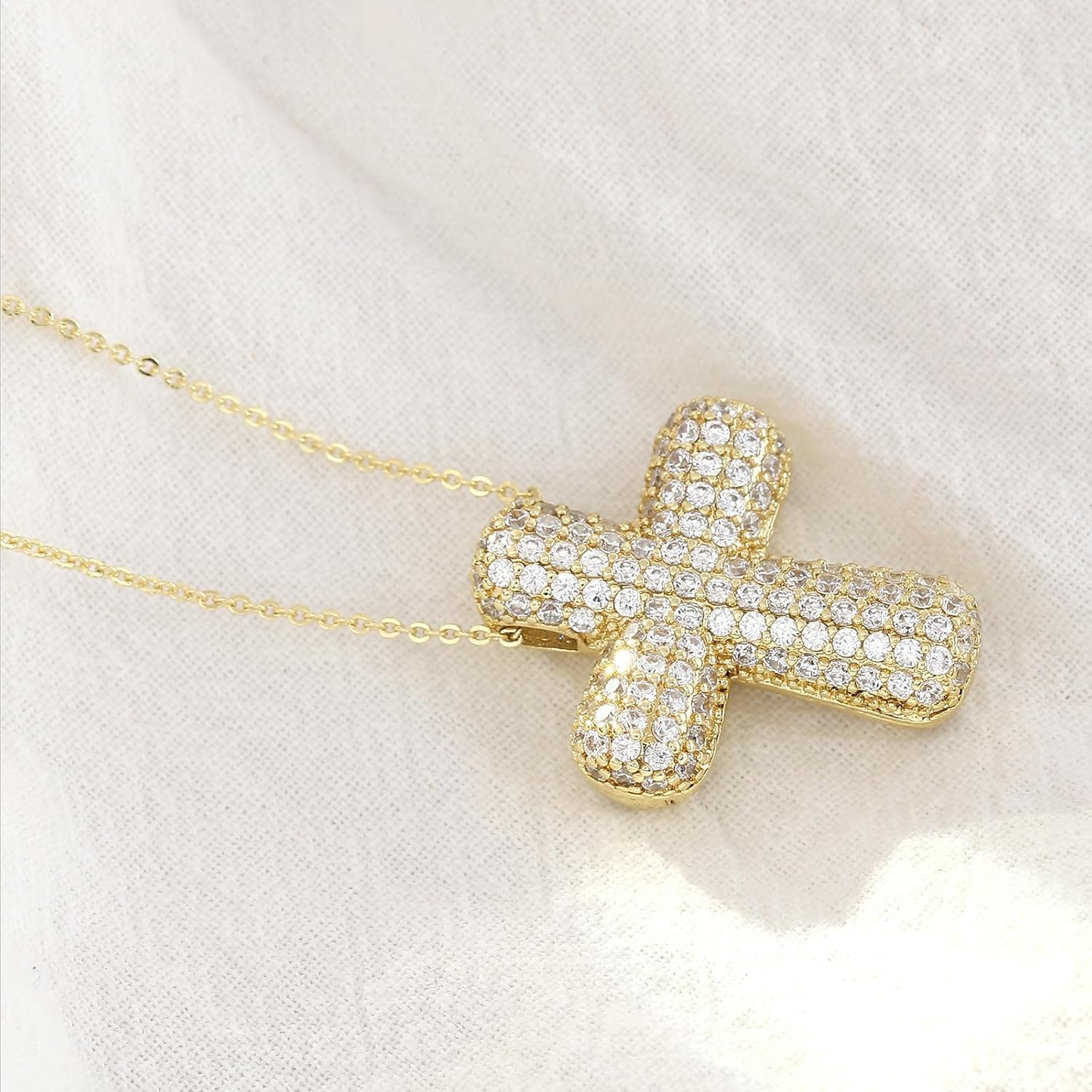 LIU JUN Bubble Cross Necklace For Women, 14k Gold Plated Cubic Zirconia Balloon Cross Pendant Cuban Chain Charm Statement Simple Faith Gift Jewelry - Image 8