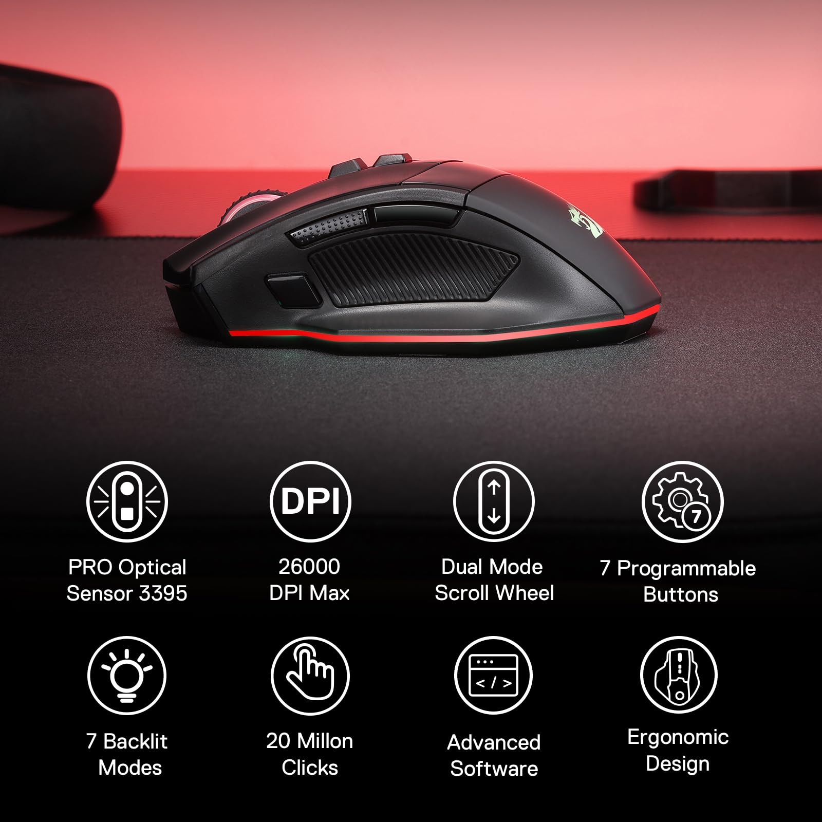 Redragon M813 PRO Souris de jeu RVB 3 modes avec molette de défilement double mode 4D, souris optique ergonomique avec max 26 000 ppp, capteur de précision professionnel 3395, 7 boutons macro,