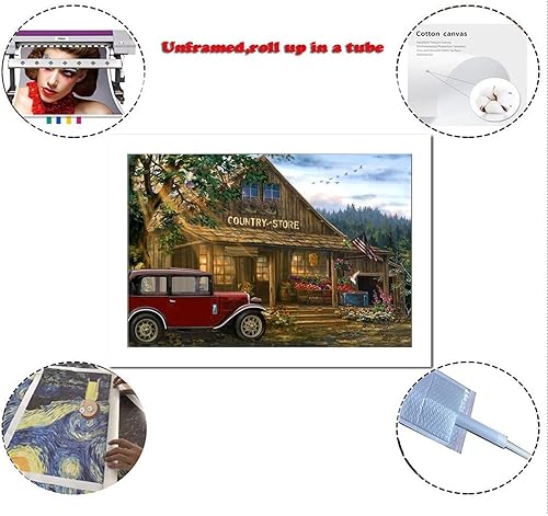 Miniatura 2 de Zbin Old Country General Store and A Red Car - Póster impreso en lienzo para decoración del hogar, pintura, sala de estar, dormitorio, póster