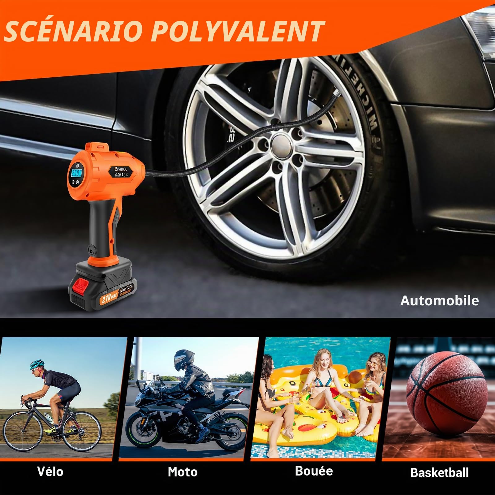 Gonfleur de pneu Compresseur d'air avec batterie 21 V et câble CC 12 V Pompe portable avec manomètre numérique (max. 180 PSI) pour voitures, motos, vélos et ballons