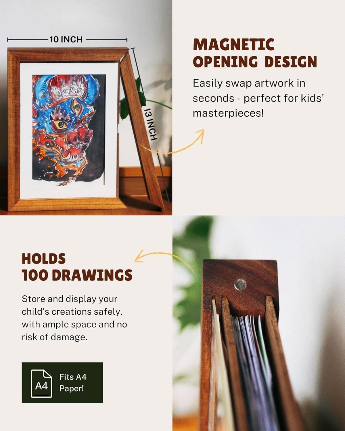 Kids Art Frame Changeable | 8x10 Picture Frame | 100% Real Wood | Classroom Decor | Magnetic Wooden Kids Easy Open Art Frame (Walnut)