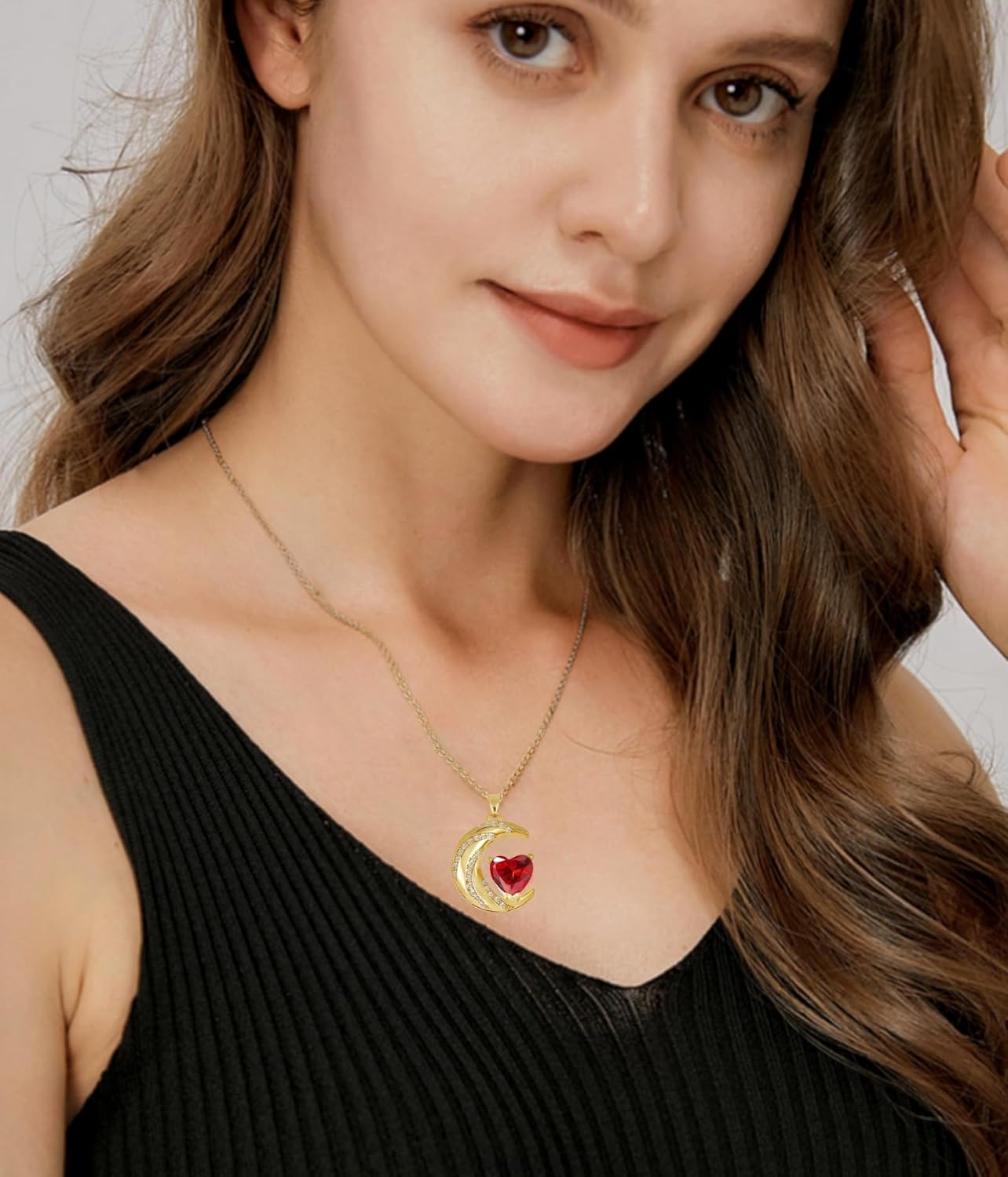 YONVUN Crystal Zircon Moon Heart Pendant Crescent Necklace | Plated 18k Gold Gemstone Birthstone Statement Planet Diamond Jewelry Gift for Wife Mom Daughter Girlfriend - Image 4