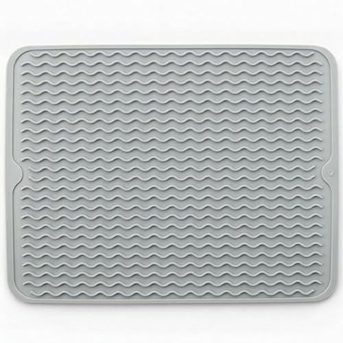 Tapete de secado de silicona de 16 x 12 pulgadas, tapete antideslizante gris para encimera de cocina, almohadilla de platos resistente al calor