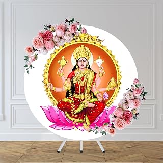 3x3ft Hindu Goddess Round Backdrop Cover Indian Lakshmi Sri Vaishnavism Shaktism Mother Goddess Hindu God Vishnu Circle Background Indian Festival Party Decor Portrait Photo Supplies Prop