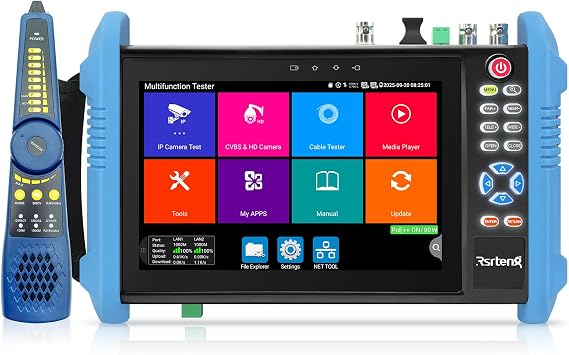 Rsrteng CCTV Tester,IPC-9800CADHS Pro 8K 32MP 4K 12MP IP Camera Test with POE++ Max 90W, 8MP CVI TVI AHD SDI CVBS Coaxial Camera Test 7Touch Screen Support 1CH SFP HD VGA TDR WiFi RS485 IPC Tester